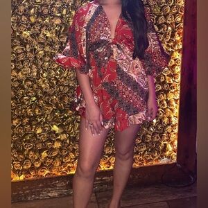 Red Mixed Print Front Tied Romper